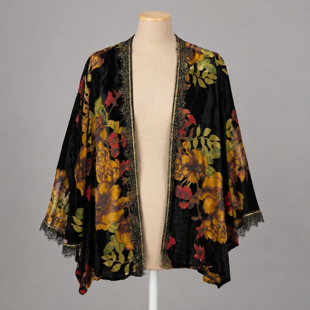 Floral Burnout Velvet Kimono Cardign z M Gold Metallic Whimsigoth Fairy Grunge